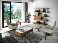 Tavolo d'angolo rotondo in marmo porcellanato e noce