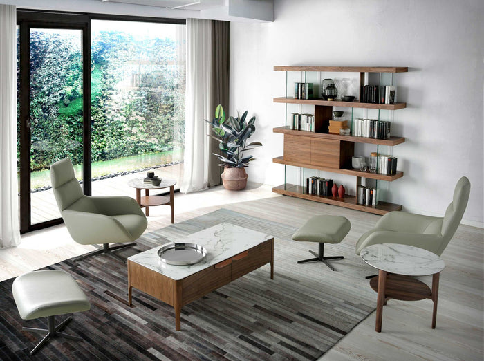 Tavolo d'angolo rotondo in marmo porcellanato e noce