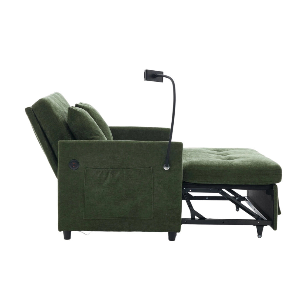 Divano letto moderno con porta USB e supporto tablet in tessuto di lino spazzolato verde 109 × 72 × 83,5 cm