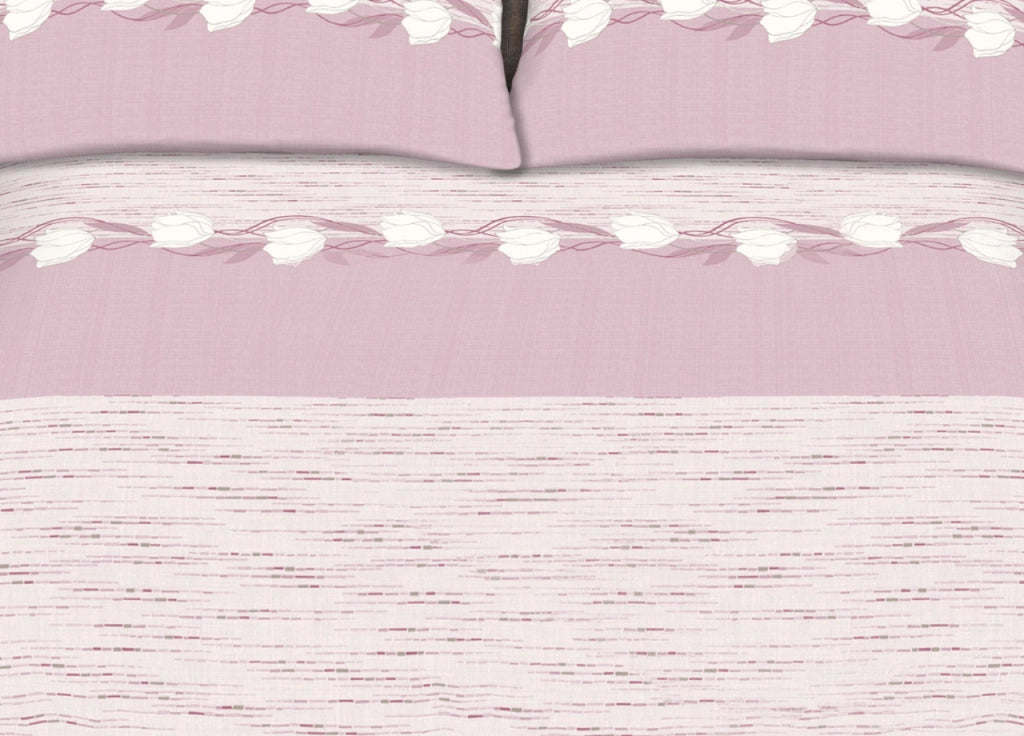 Completo Lenzuola Stiro Facile 100% Cotone Made Italy Effetto Seta Disegno Tulip - Matrimoniale - Lilla