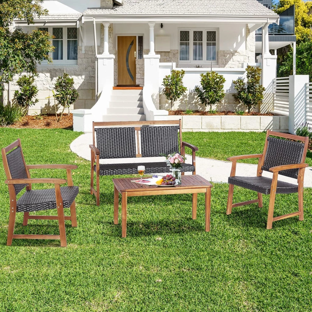 4 Pezzi Set Mobili da Esterno in Legno di Acacia, Set di Tavolino e Sedie con Seduta e Schienale in Rattan, Set Salotto per Giardino Patio e Terrazza