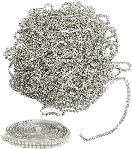 Set di pietre strass - Autoadesivi - Pietre strass per abbigliamento - Pietre strass per decorazione - Argentato - 2 mm Larghezza, 10 m Lunghezza - Adesivi decorativi