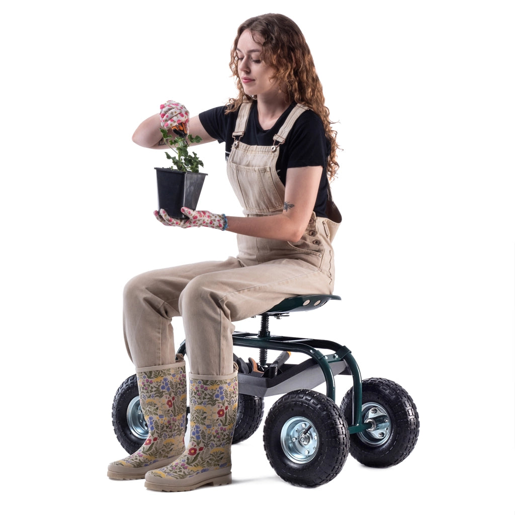 Sgabello da giardino KADAX con ruote, panca, sedile e vano portaoggetti, portata fino a 150 kg.