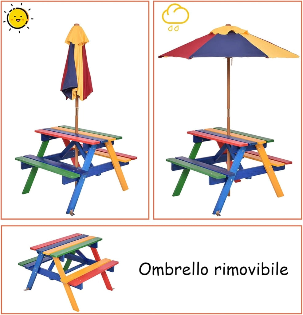 Set con Tavolo Picnic di Legno e Ombrellone per Bambini, Tavolo e Panchina con 4 Posti e Ombrellone Pieghevoli, Tavolo e Sedie Multiuso per Esterno Giardino Cortile (Modello 5)