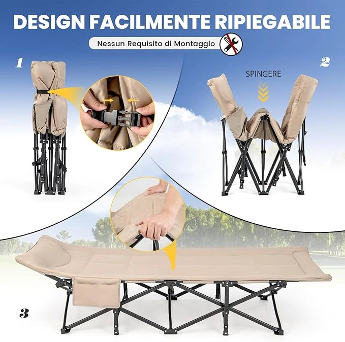 Brandina da Campeggio, Letto da Campeggio con Cuscino e Poggiatesta, Tappetino a Doppio Strato, Brandina da Campeggio Portatile per Ufficio, Casa, Carico Fino a 204 kg(marrone)