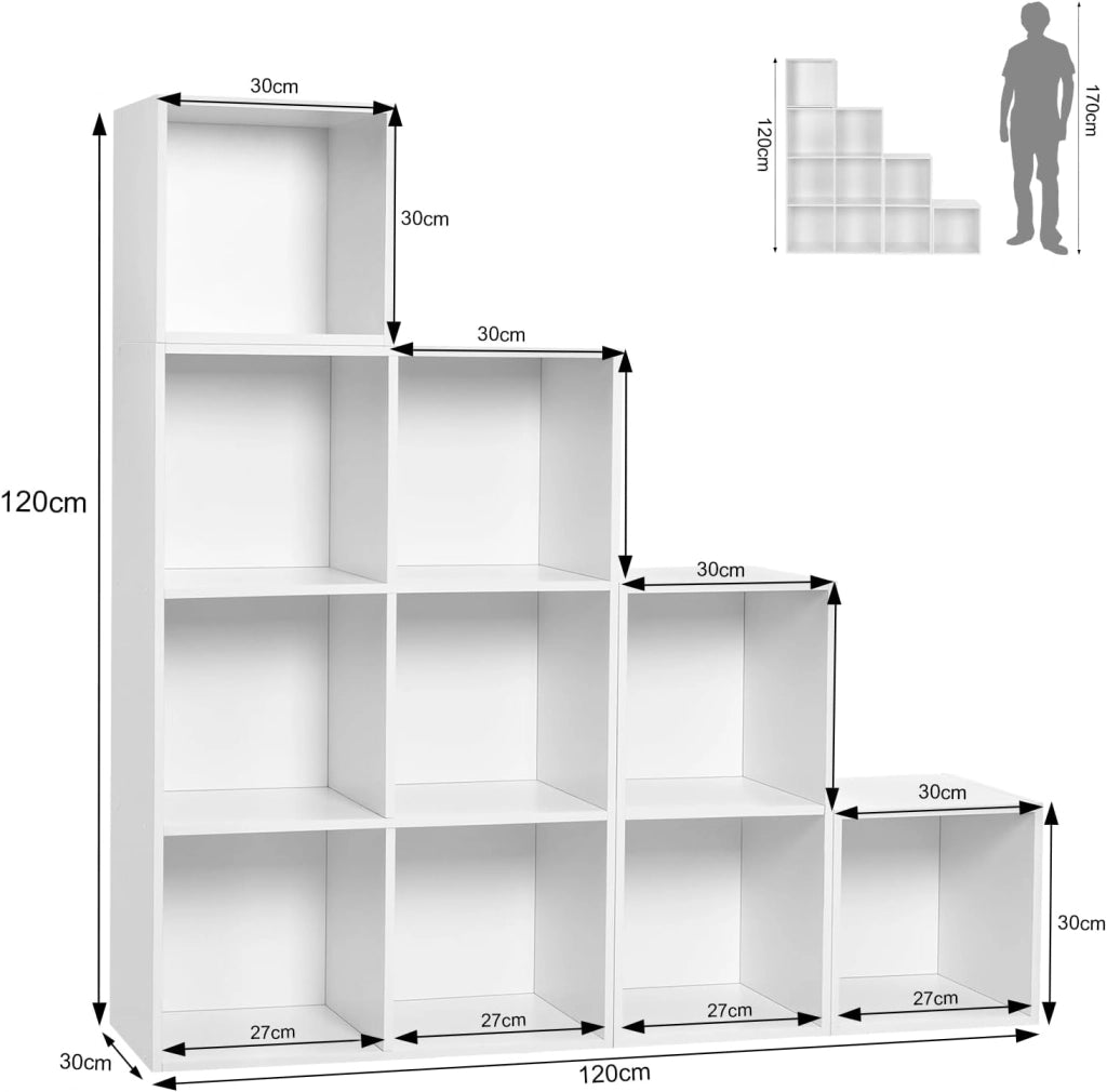 Libreria Scaffale, Libreria a 10 Cubi, Scaffale a Scala Componibile, Mobile Portaoggetti in Legno, Divisorio per Camera da Letto, Soggiorno, Ufficio, 120x30x120cm, Bianco, SK035ws