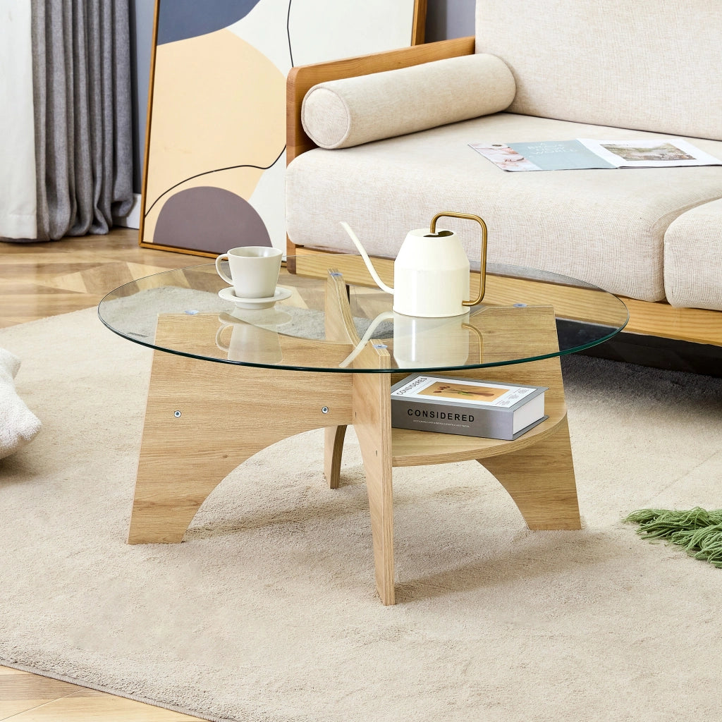 TAVOLINO DA CAFFÈ Rotondo Ø 80 x 36 cm Vetro Trasparente MDF Effetto Legno