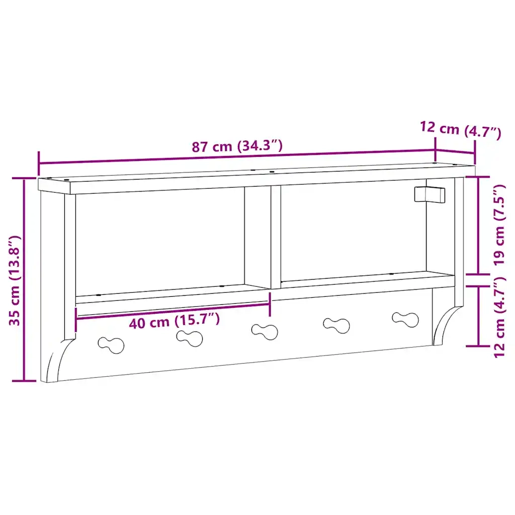 Appendiabiti da Parete SANDNES 87x12x35 cm in Legno di Pino CFW5011379