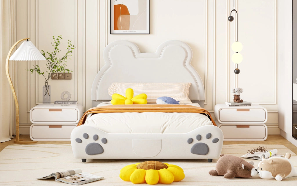 Letto imbottito per bambini ULEVR 140x200 cm a forma di orso, bianco, con 12 doghe