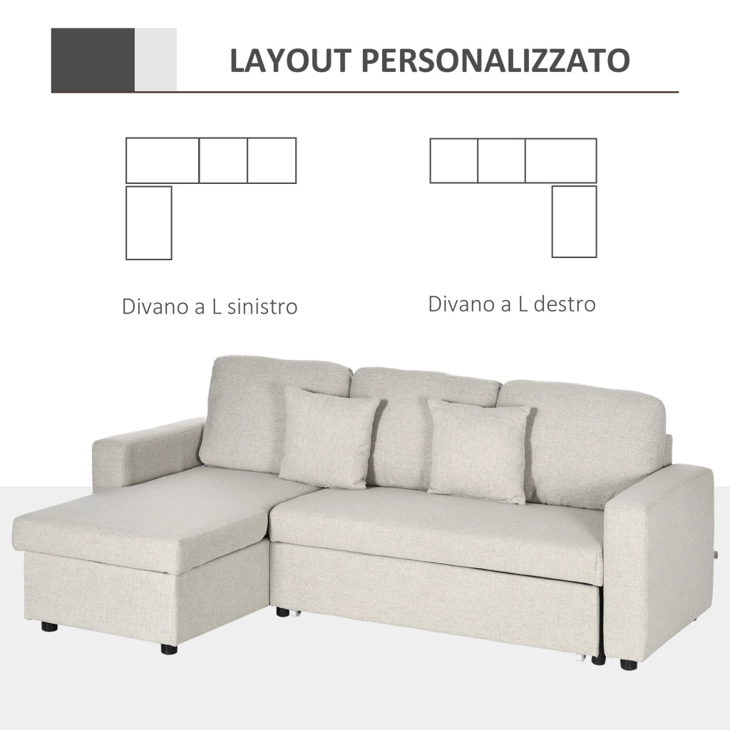 Divano Letto Angolare con 2 Cuscini e Vano Contenitore in Tessuto Crema ¨C Zephmum ¨C 2 Posti