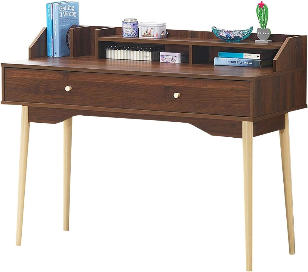 Scrivania per Computer con Cassetto, Tavolo da Ufficio Computer con Mensola Spaziosa, Mensola Aperta e Gambe, Scrittura per Soggiorno, Ufficio, Camera da letto (Naturale)