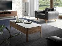 Tavolino rettangolare in marmo porcellanato e noce