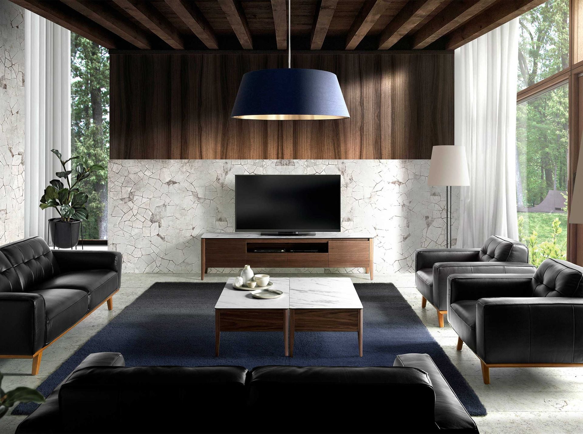 Tavolino rettangolare in marmo porcellanato e noce