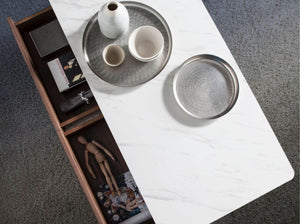 Tavolino rettangolare in marmo porcellanato e noce