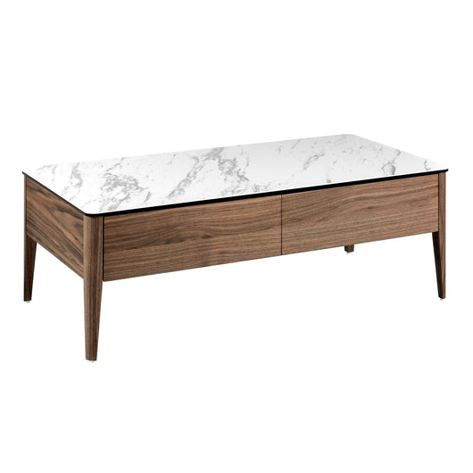 Tavolino rettangolare in marmo porcellanato e noce