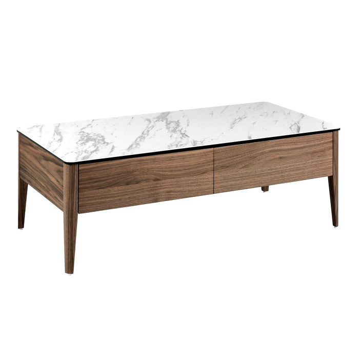 Tavolino rettangolare in marmo porcellanato e noce