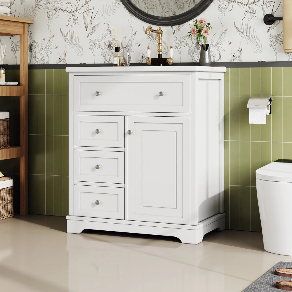 Mobile sottolavabo con lavabo in ceramica, 1 anta e 4 cassetti, finitura laccata, per bagno, bianco, 76 × 46 × 87 cm