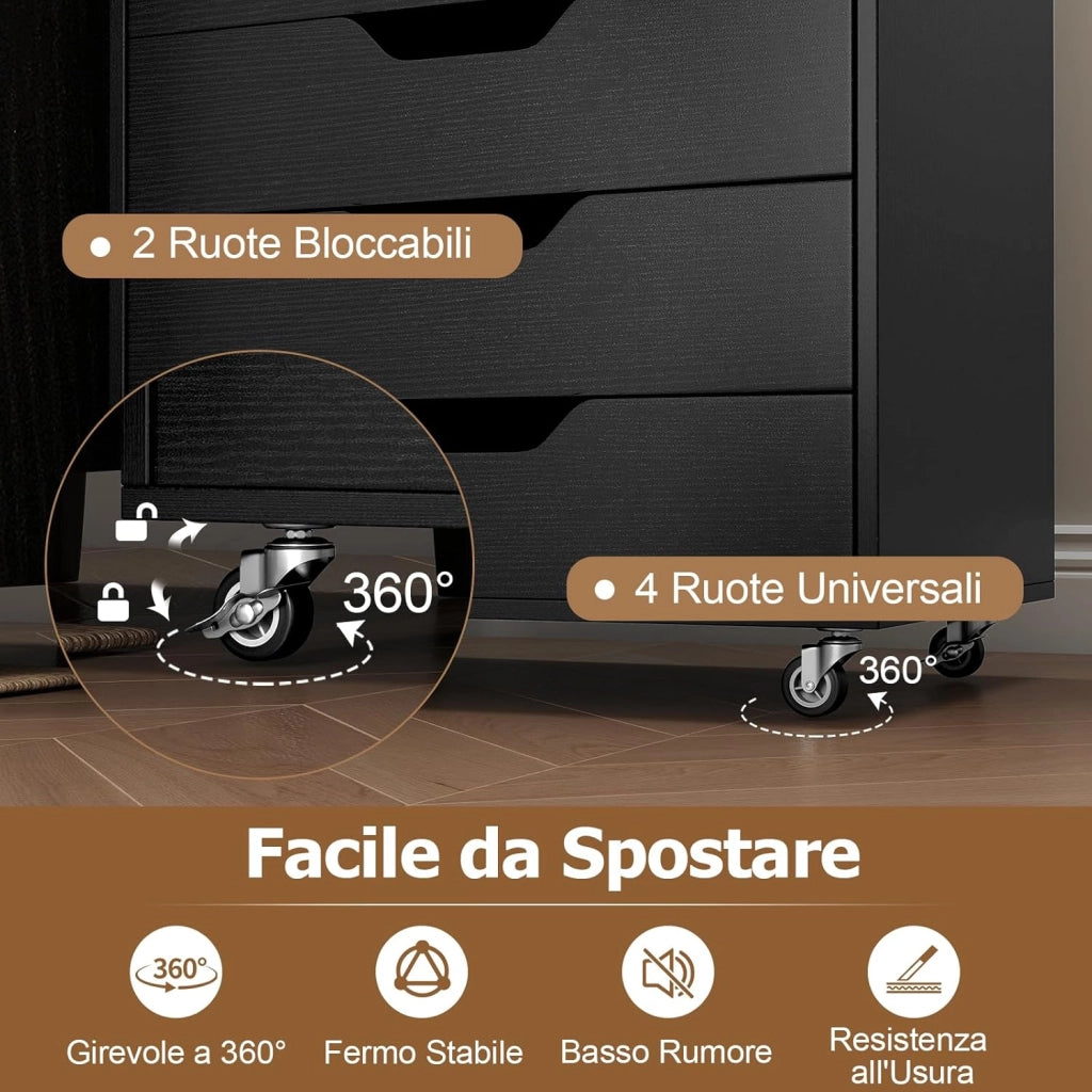 Cassettiera da Ufficio con 7 Cassetti, Mobiletto per Documenti con 4 Ruote Girevoli, Cassettiera da Scrivania in Legno per Ufficio e Soggiorno, 49 x 40 x 87 cm (Nero)