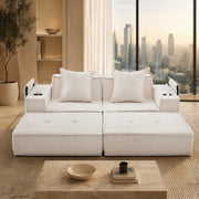 Divano pouf modulare beige in velluto a coste con 2 cuscini
