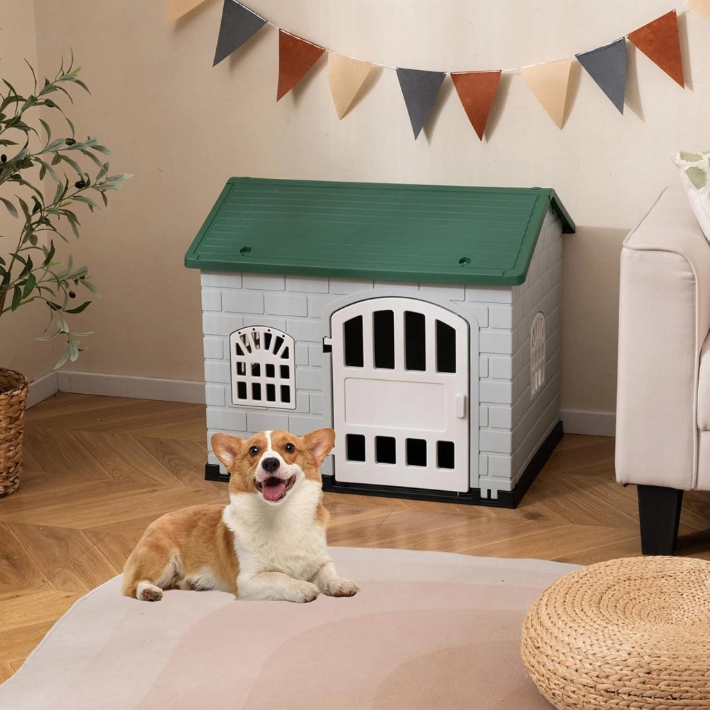 Cuccia per Cani da Esterno ed Interno, Cassetta per Cani con Porta Bloccabile, 3 Finestre e Tetto Inclinato, Cucce per Cagnolino in Plastica Impermeabile (Verde)