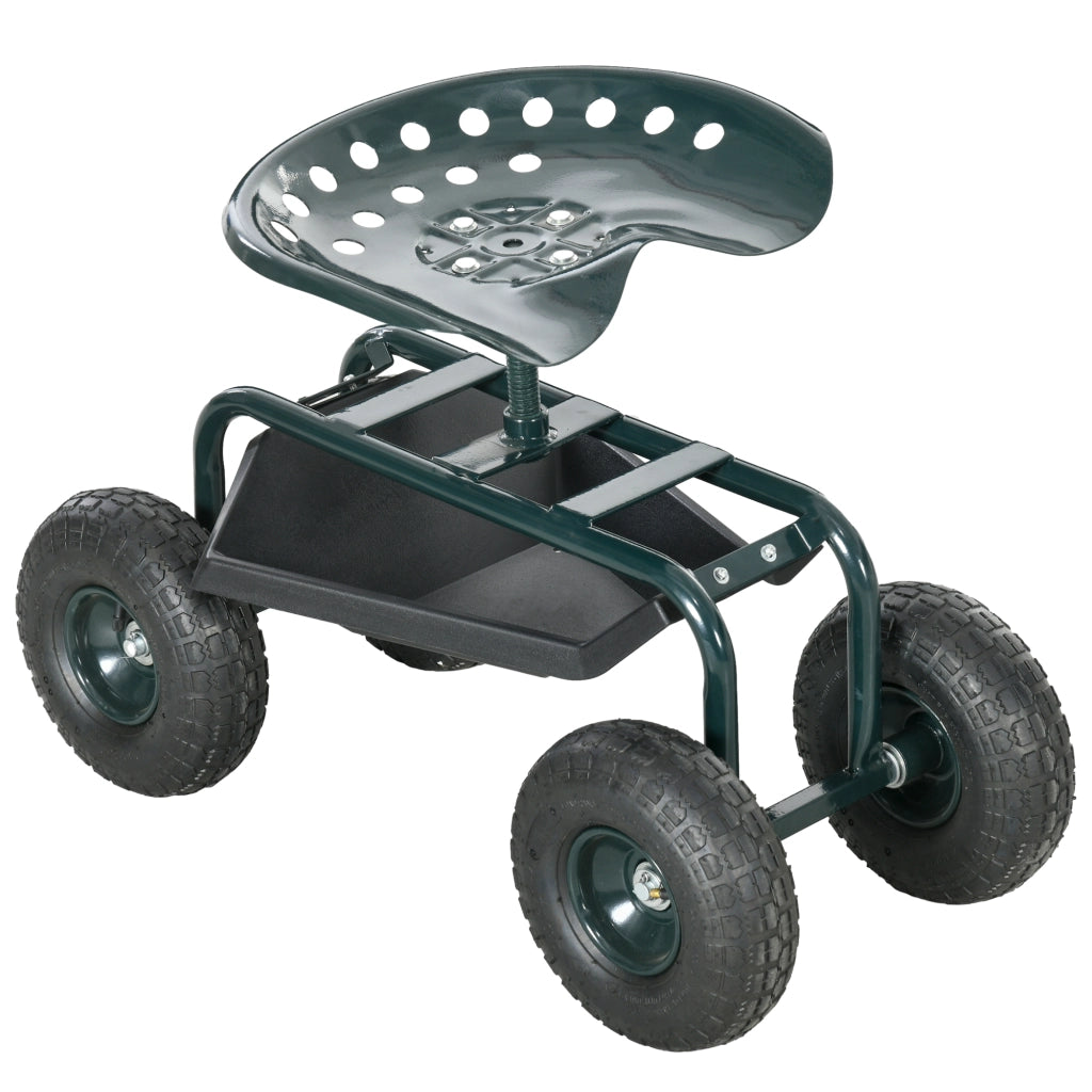 Carrello da Giardino 83x36.5x45-60 cm con Sedile Regolabile e Vassoio Inferiore in Acciaio e PP Verde Scuro