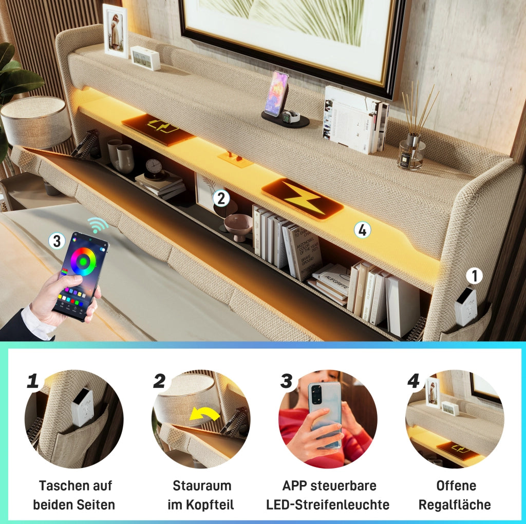 Letto matrimoniale imbottito 140x200 beige con LED, USB-C e materasso