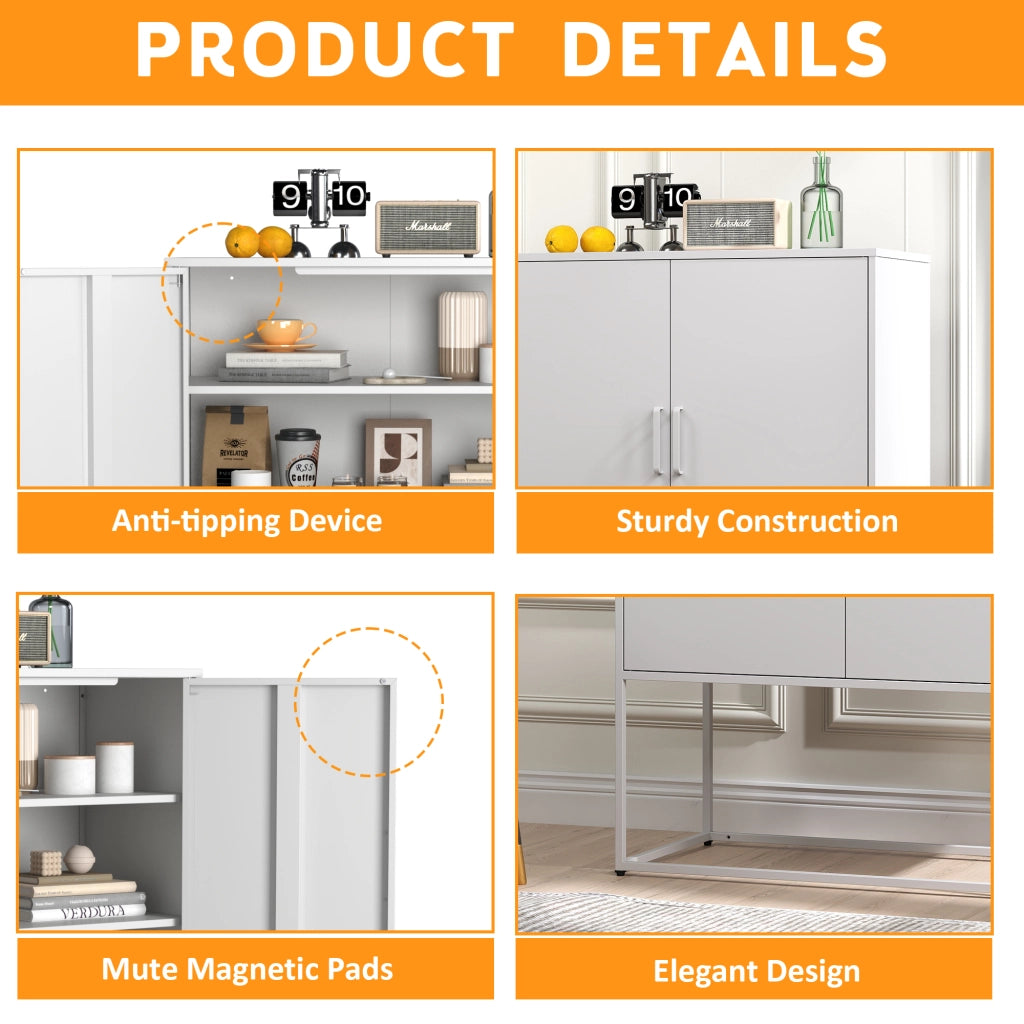 Credenza in Metallo con 2 ripiani e porte magnetiche - per soggiorno - 85×40×109 cm - bianco