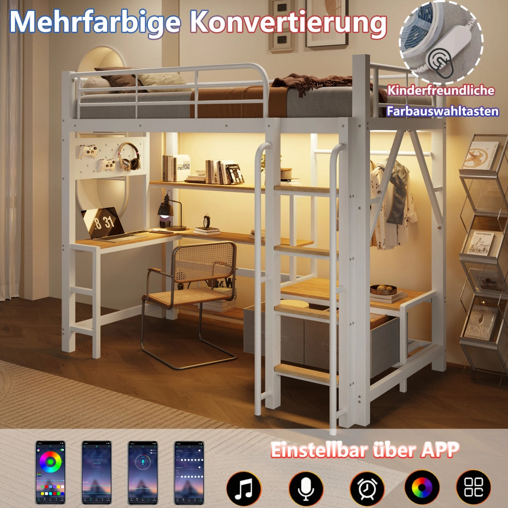 Letto a soppalco in metallo con scrivania, LED e USB, 90x200 cm, bianco