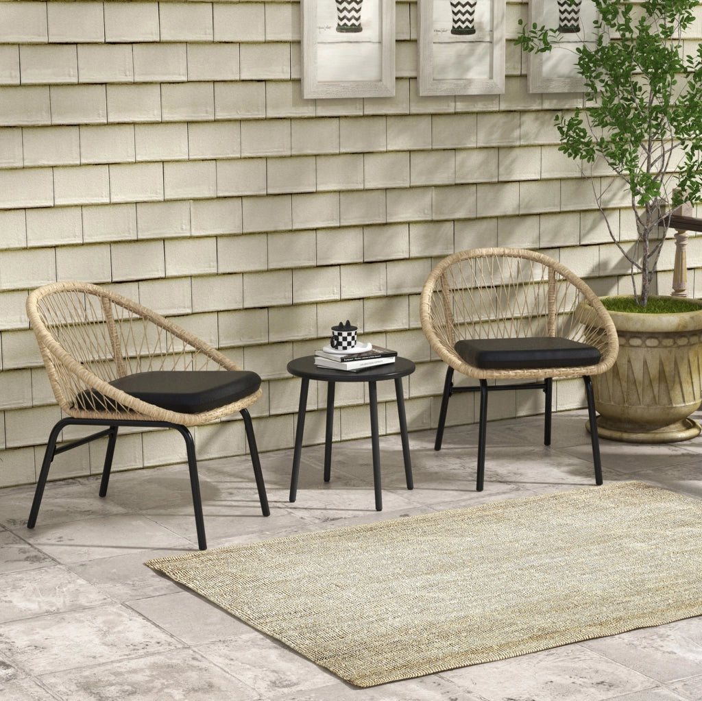 Set da giardino ULEVR 3 pezzi con 2 poltrone, tavolino rotondo e cuscini gialli in rattan