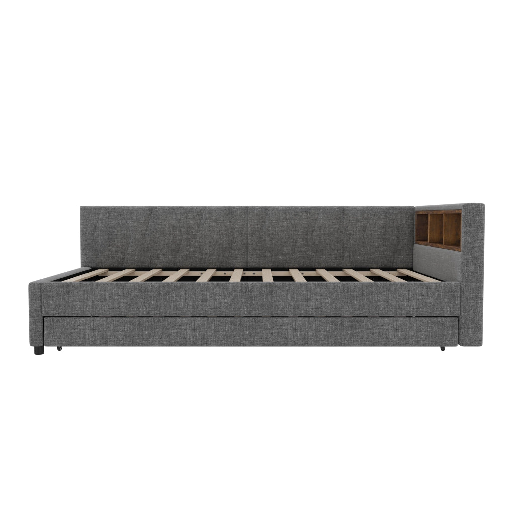 Letto singolo 90x200 cm con secondo letto estraibile; LED; USB e tipo C; lino e MDF; beige
