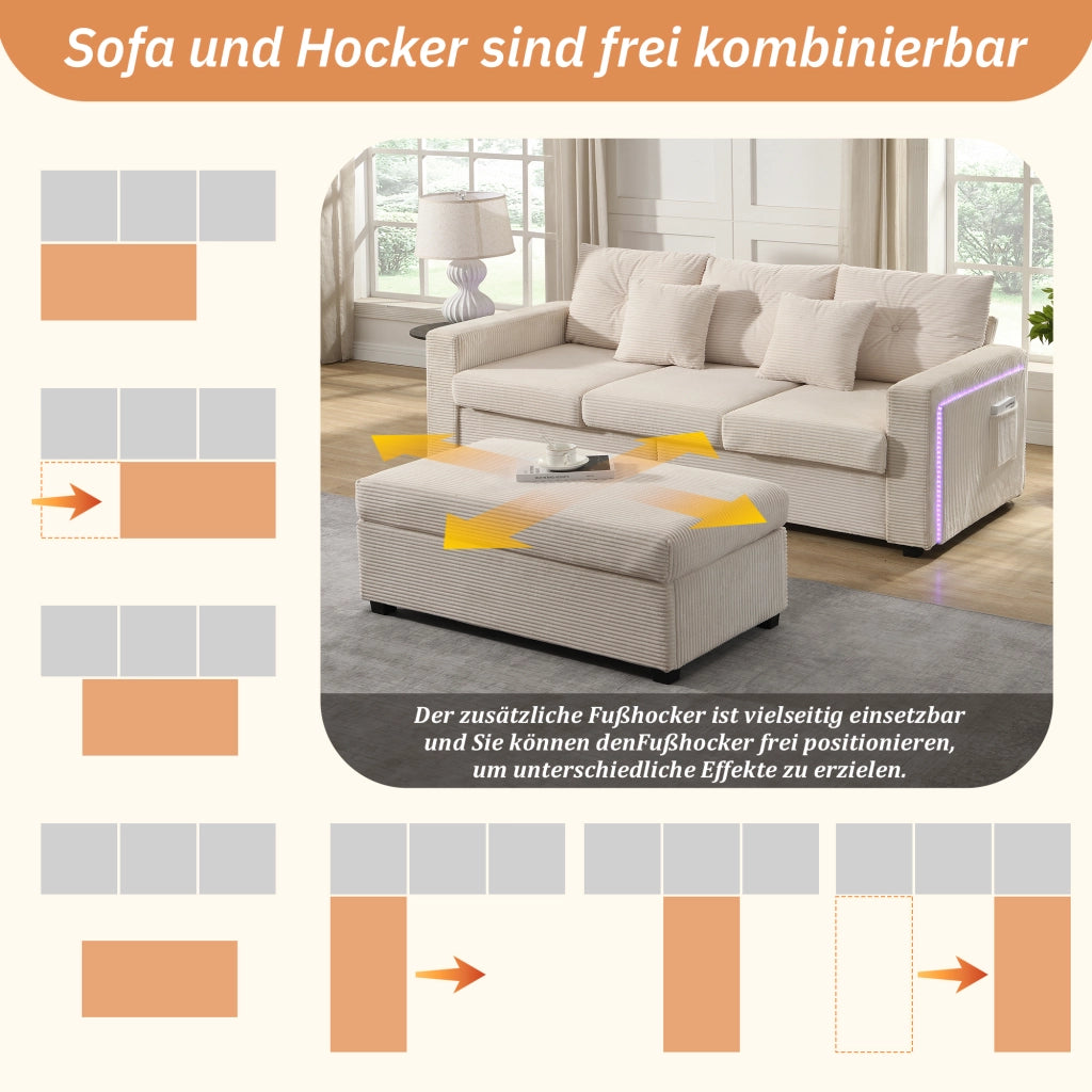 DIVANO Angolare LED con pouf 98x51 cm Beige in tessuto cord