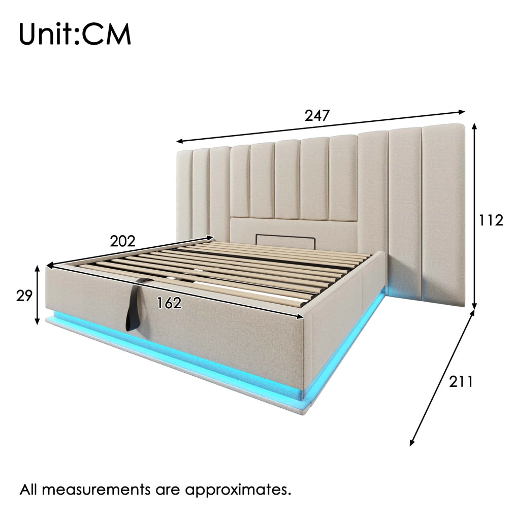 Letto contenitore beige 160x200 cm con LED e ricarica USB-C