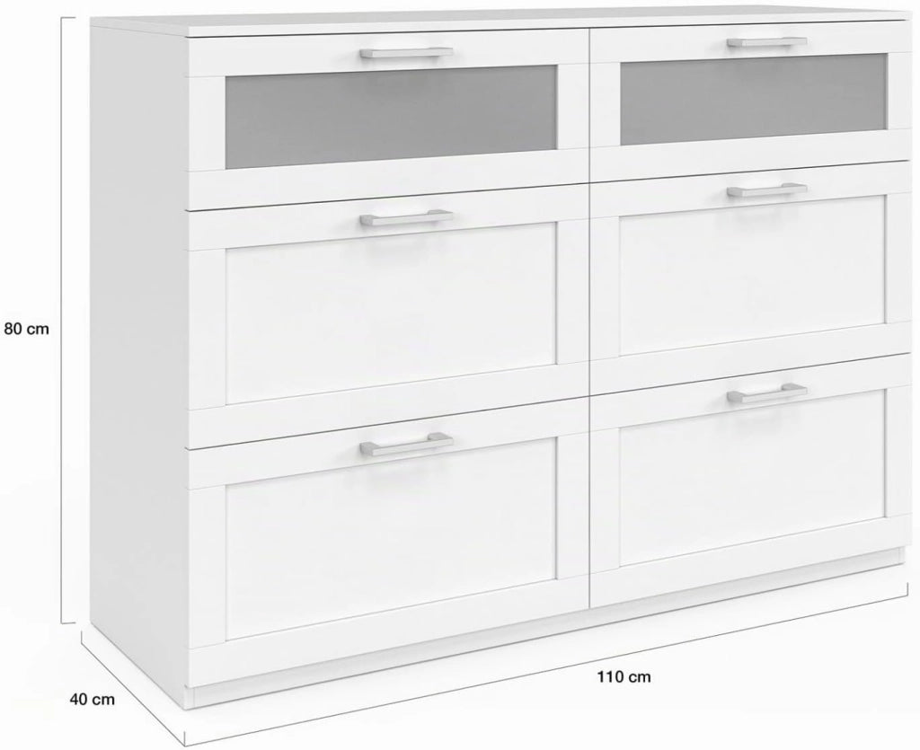 Cassettiera a 6 cassetti VITO 110 cm, legno bianco ed effetto smerigliato