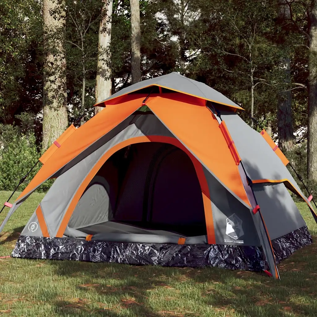 Tenda a Cupola 3 Persone-Tenda da campeggio Grigio e Arancione a Rilascio Rapido 339189