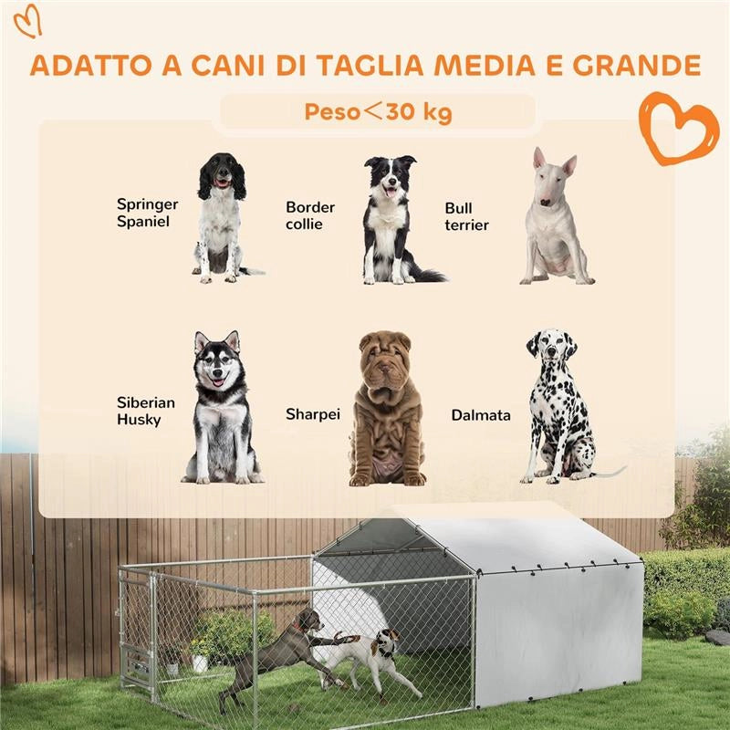 RECINTO PER CANI CON COPERTURE E CIOTOLE GIREVOLI, IN ACCIAIO E TESSUTO OXFORD, 4X2.3X1.5 M, ARGENTO