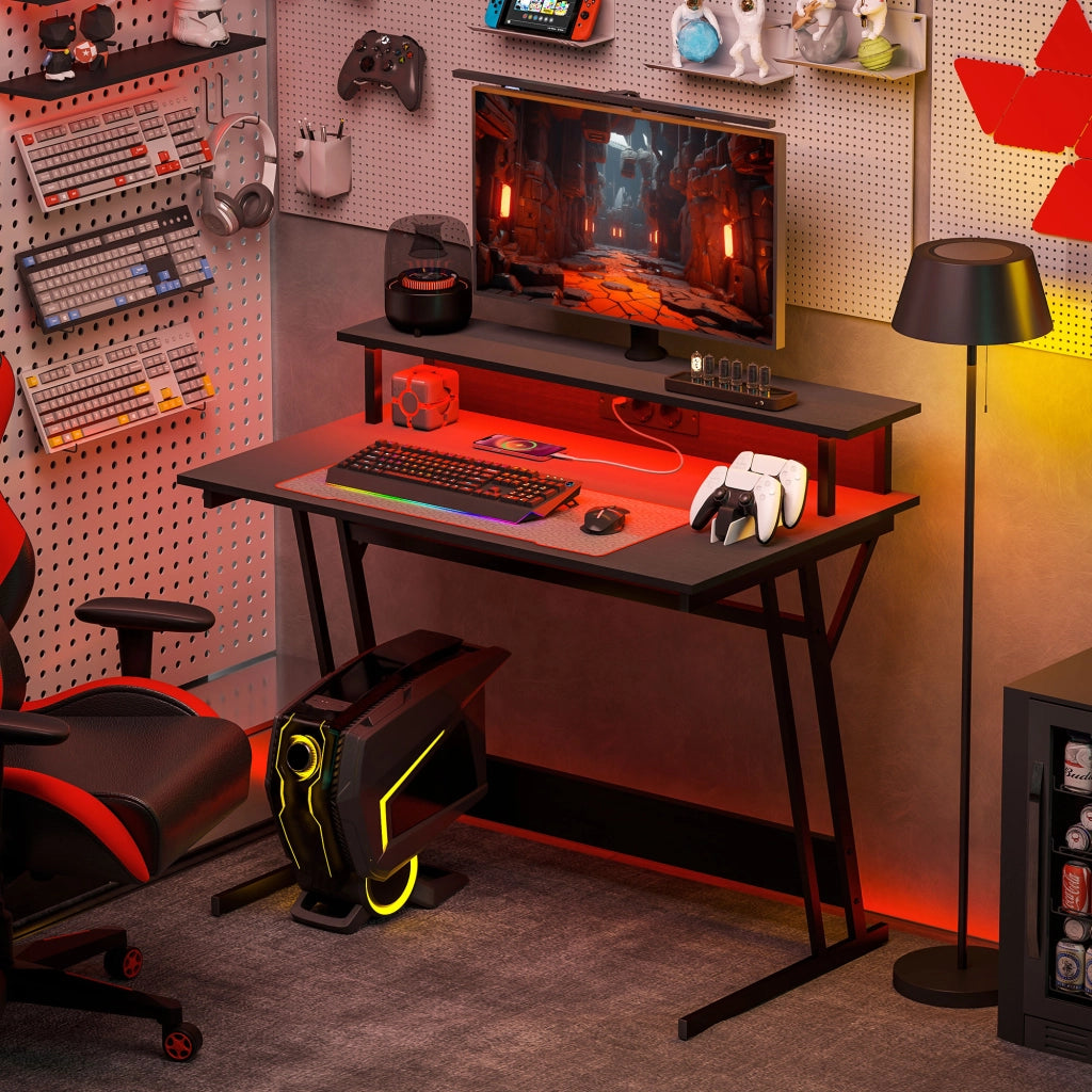 Scrivania Gaming con LED e Supporto Monitor ¨C Zephmum ¨C Nero 100x60x75 cm