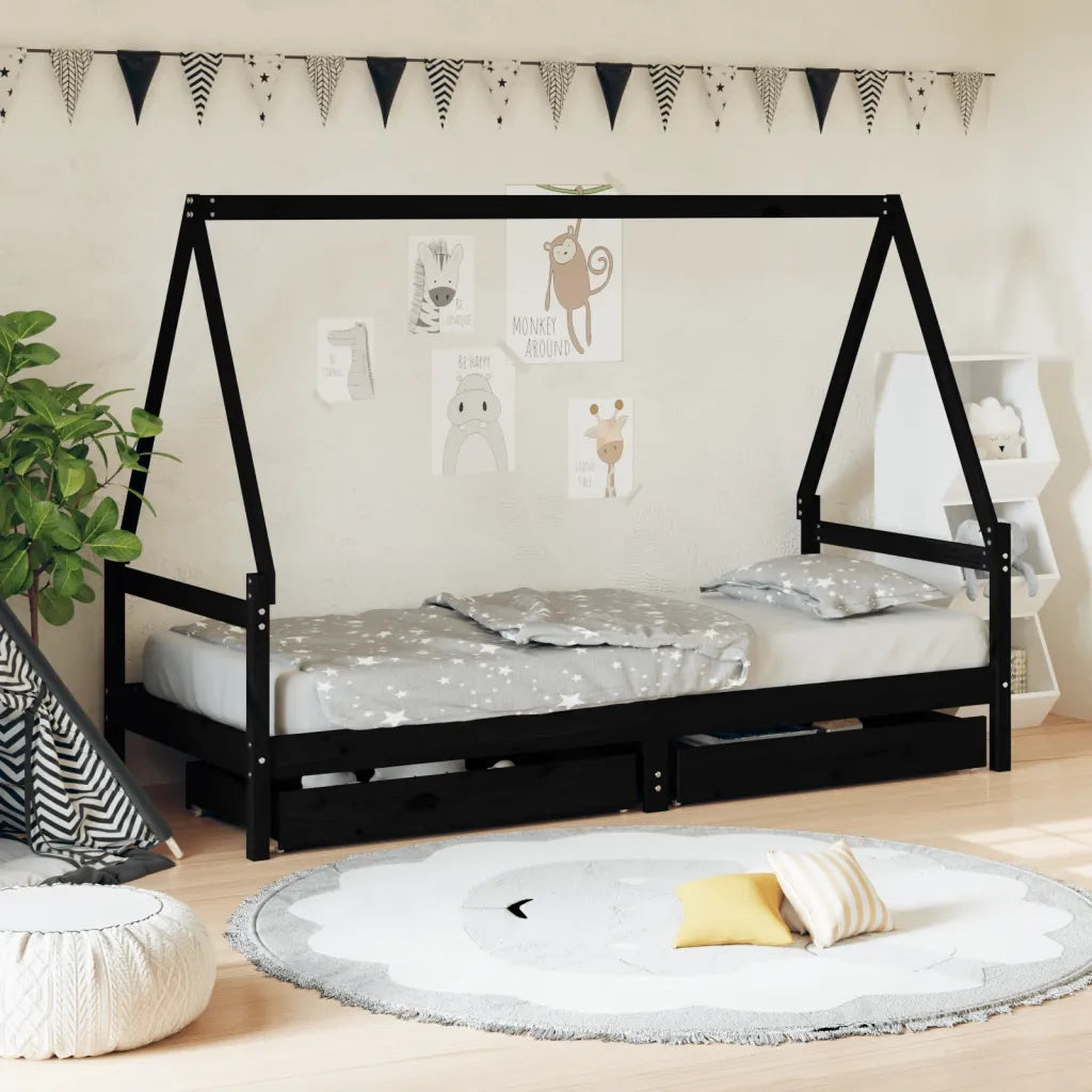Giroletto Bambini | Letto Infantile | Lettino con Cassetti Nero 90x200cm Massello di Pino