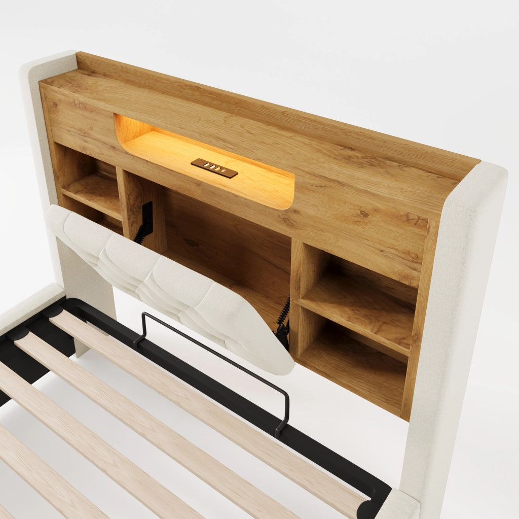 Letto 90x200 cm con contenitore; LED e testiera con ripiani in lino beige