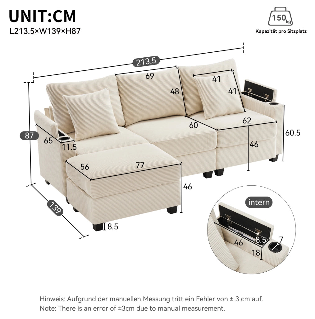 Divano angolare 3-4 posti con pouf mobile; USB e ripiani; 213;5x139x87 cm; velluto a coste beige