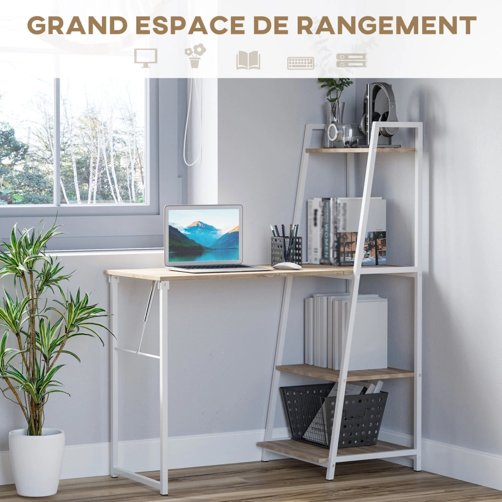 Scrivania Pieghevole con Libreria ¨C zephmum ¨C Legno Rovere Chiaro Metallo Bianco