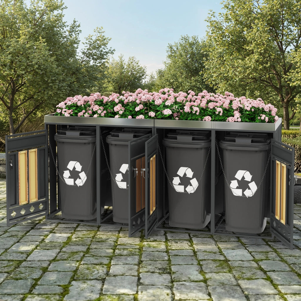 Cassetta rifiuti da giardino con fori di ventilazione diamantati compartimenti multipli chiusura a chiave quattro porte spazio per piante finitura venatura legno resistente e funzionale per esterni