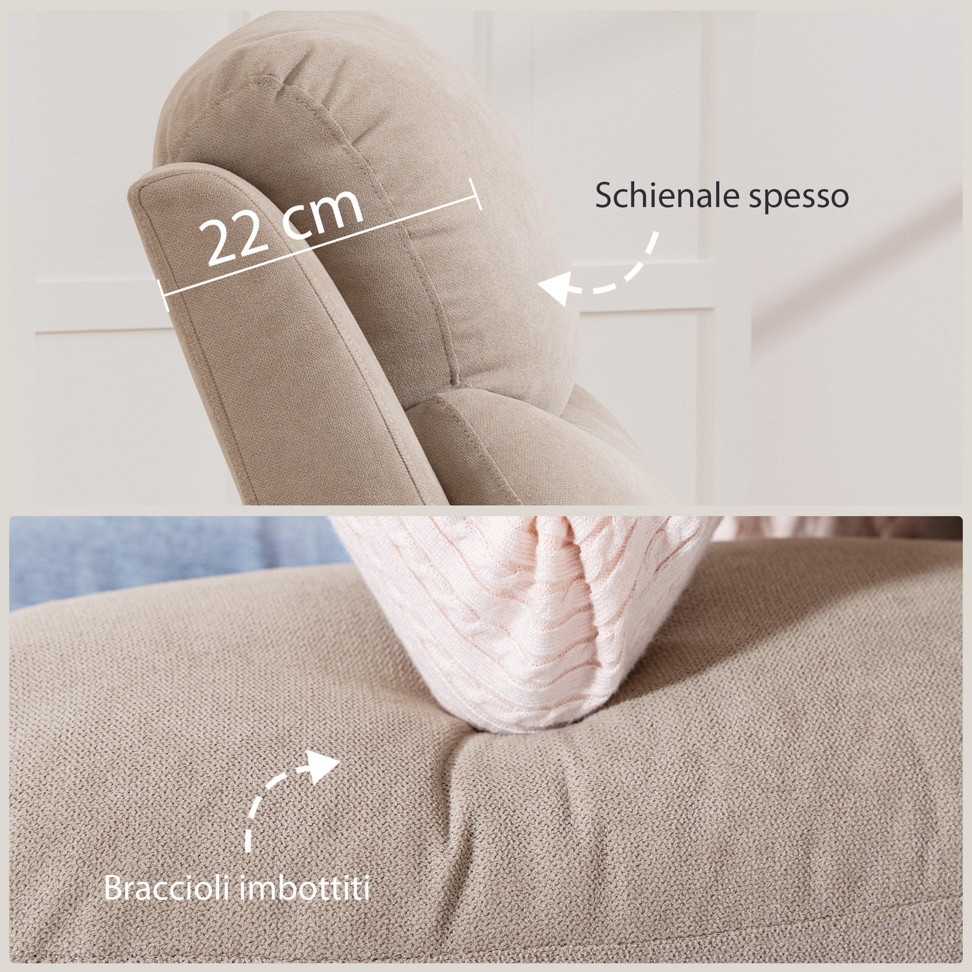 Poltrona Reclinabile Manuale Cuscino Spesso Braccioli Imbottiti e Poggiapiedi in Tessuto Beige