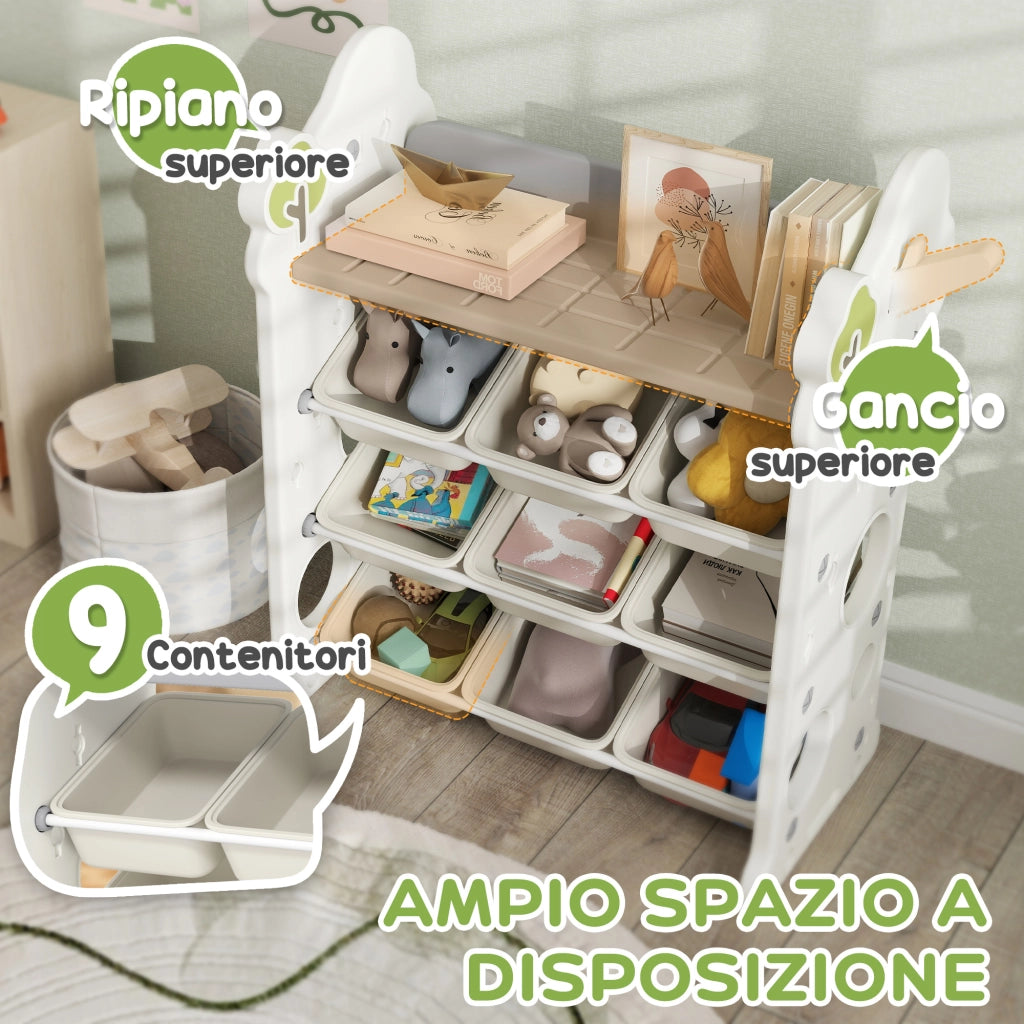 Libreria per Giochi a 4 Livelli con 9 Contenitori ¨C zephmum ¨C Bianco Crema, HDPE, 77x42x94 cm