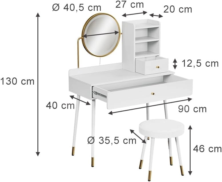 Tavolo da toeletta Mirela, Bianco, 90 cm con specchio LED e sgabello, adatto per la cura quotidiana e l'organizzazione di articoli cosmetici