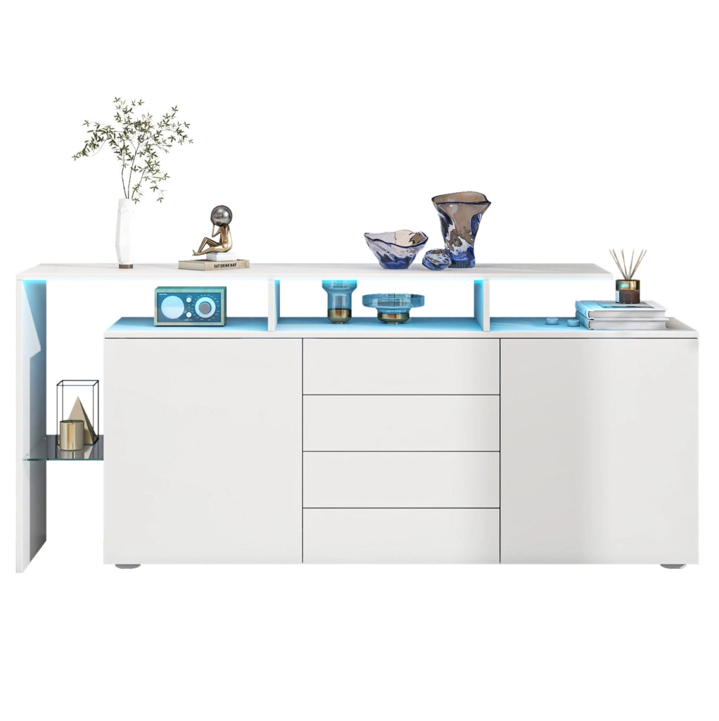 Credenza moderna 160 cm con LED; 4 cassetti; 2 ante e vetro; bianca