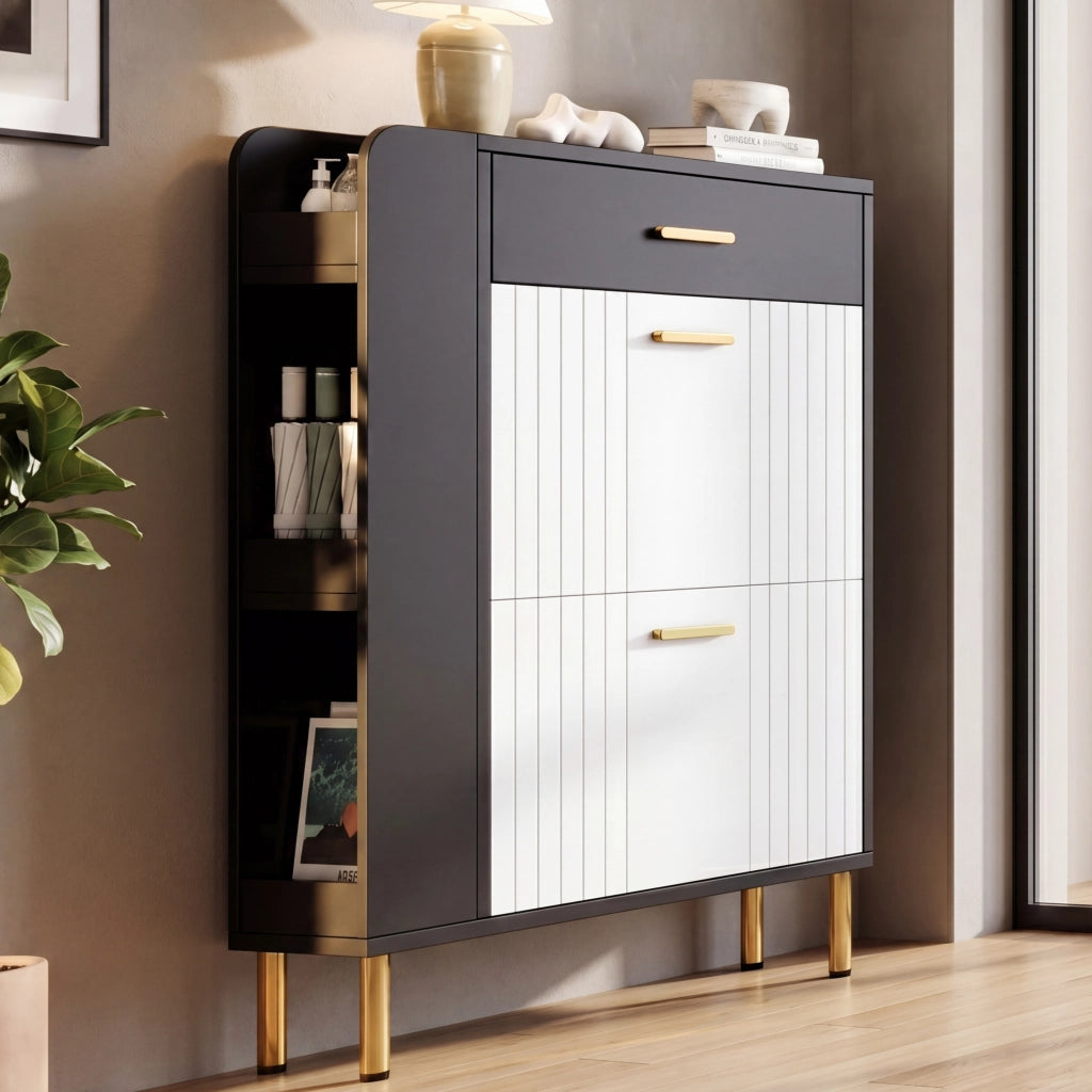 Scarpiera stretta con 2 ante ribaltabili 1 cassetto e 3 vani aperti in MDF e truciolare bianco nero 80 × 24 × 105 cm