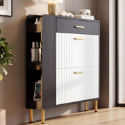 Scarpiera stretta con 2 ante ribaltabili 1 cassetto e 3 vani aperti in MDF e truciolare bianco nero 80 × 24 × 105 cm