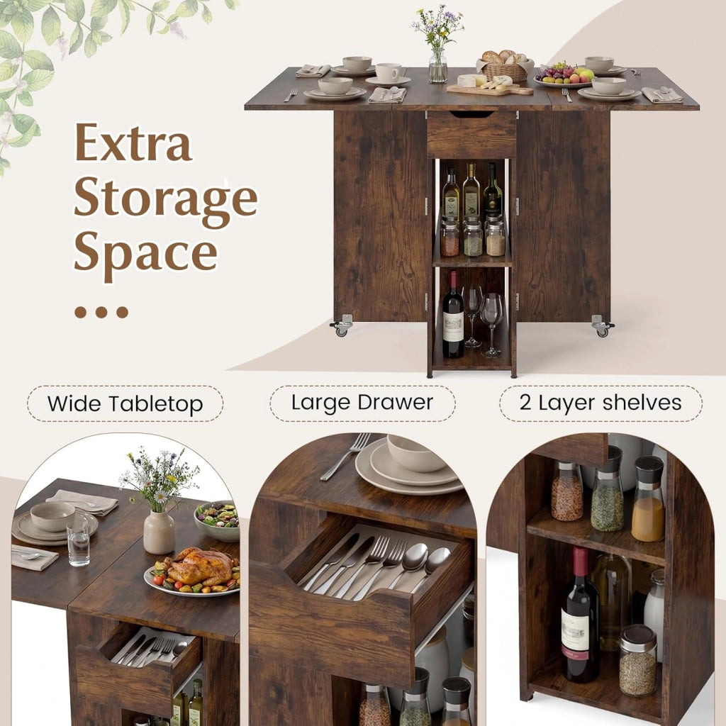 Tavolo da Pranzo Pieghevole, Mobile da Cucina con Ali Pieghevoli, 1 Cassetto e 2 Ripiani Aperti, per 2-4 Persone, Salvaspazio, 120 x 72 x 75 cm, Ideale per Sala e Cucina