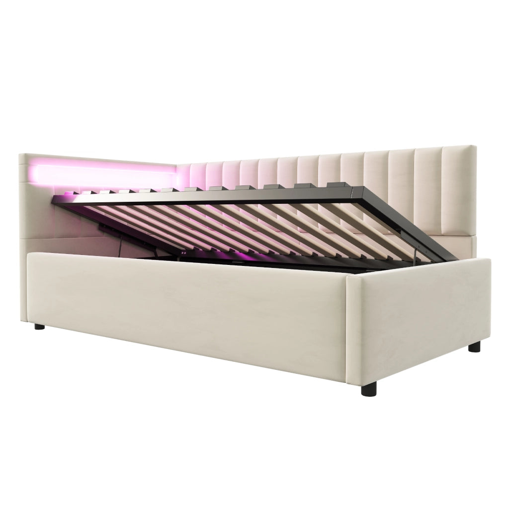 Letti contenitori 90x200 cm con LED e contenitore idraulico; velluto beige (Senza materasso)