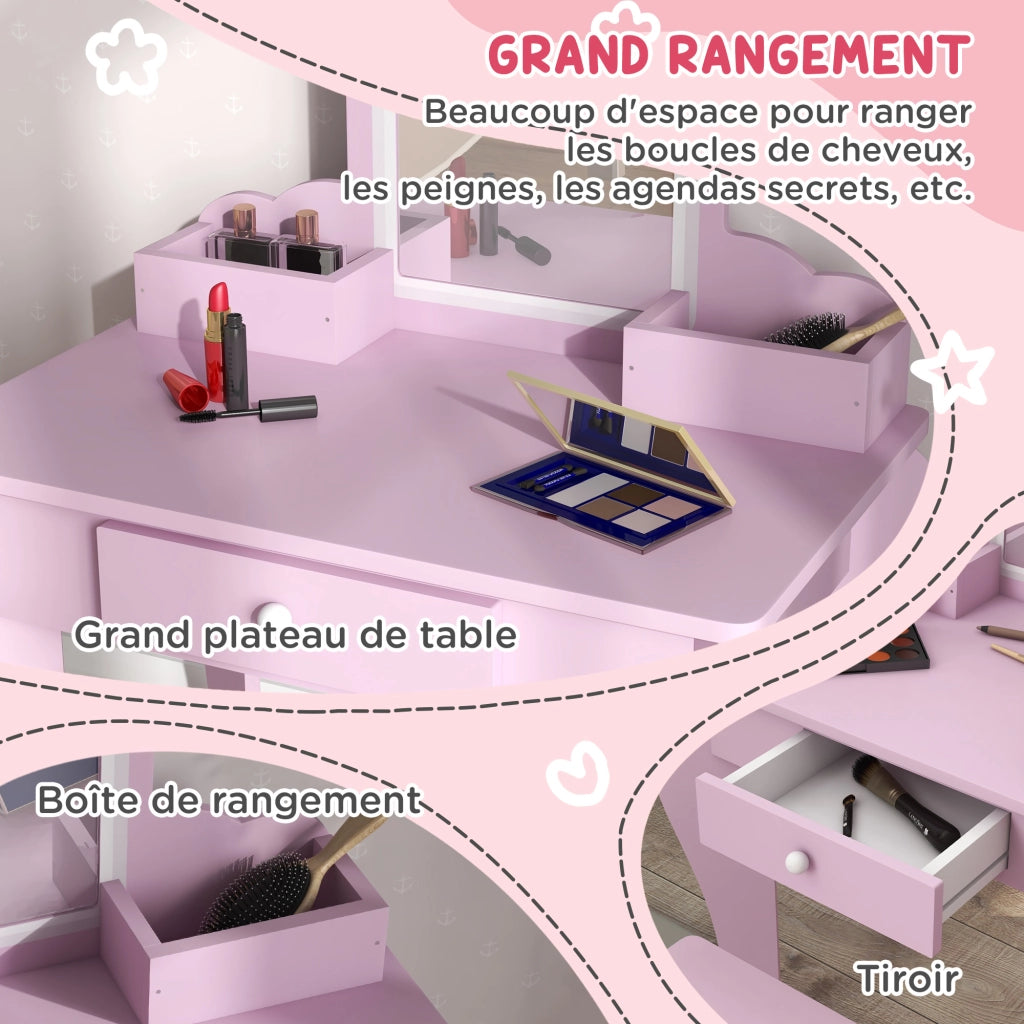 Tavolo trucco bambini con specchio e sgabello ¨C zephmum ¨C rosa 55x36x86